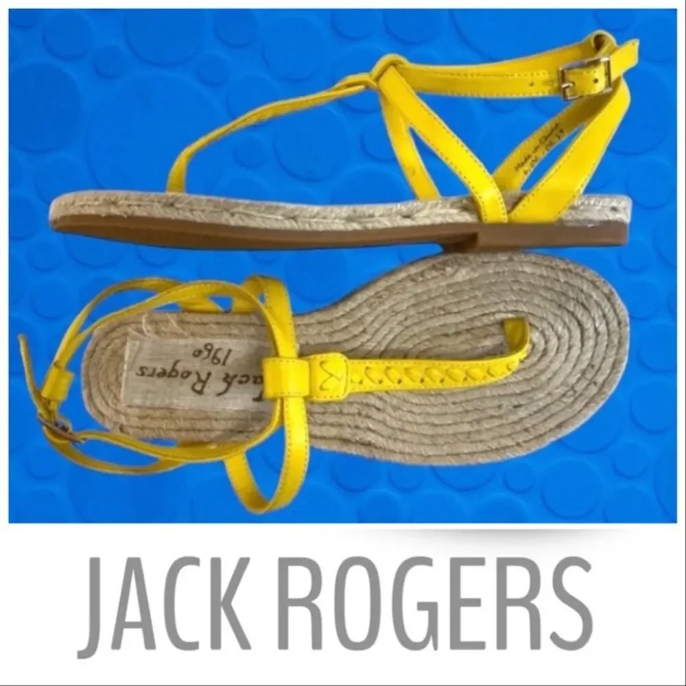 JACK ROGERS Yellow Thong Ankle Strap Sandals  woven Jute Footbed NWT BOX 6.5M